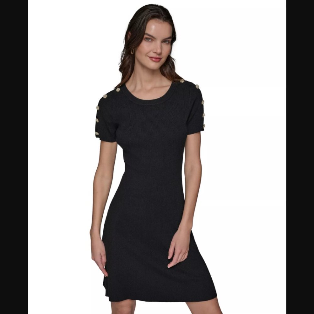NWT Karl Lagerfeld Paris Ribbed Embellished Button Dress in Black Large